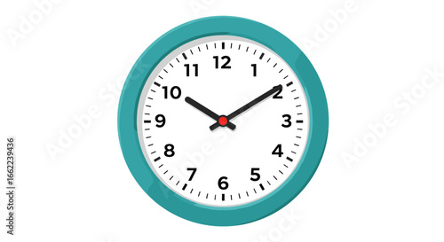 Teal wall clock with white face and black numbers and hands