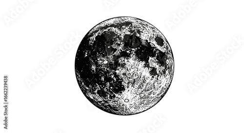 Detailed grayscale moon design with craters on white background