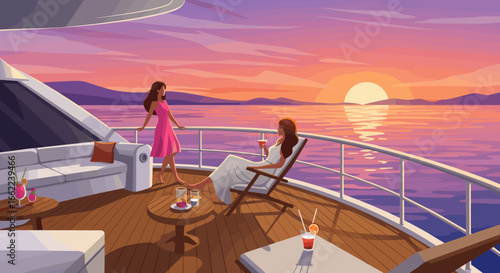 Luxurious sunset cruise with friends relaxing on yacht deck