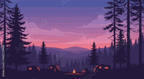 Scenic sunset camping in forest with tents and campfire under pine trees