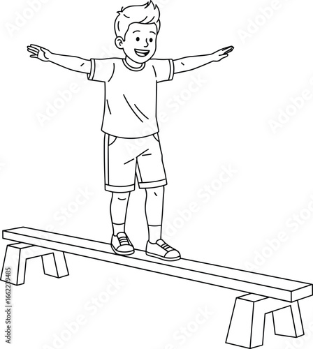 Black and White Vector Illustration of Person Balancing on Beam with Arms Extended, Wearing T-Shirt, Shorts, Sneakers, and Focused Pose
