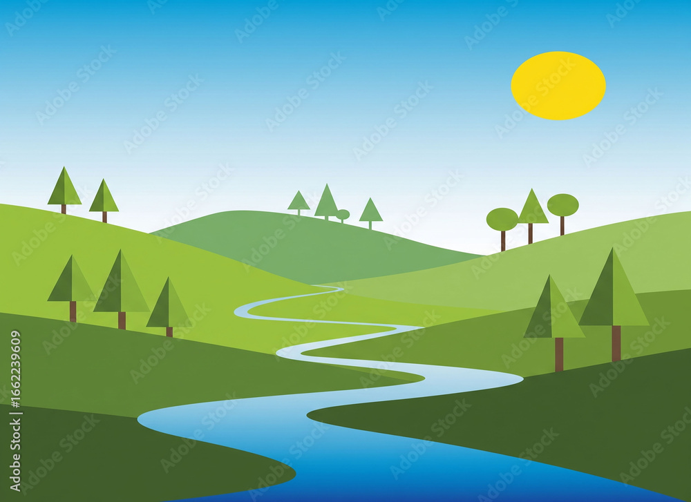 Fototapeta premium A stylized, minimalist landscape illustration. A winding blue river flows through rolling green hills with simple geometric trees. A bright yellow sun shines in the clear blue sky, giving the scene a 