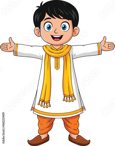 Cartoon Indian Boy in Traditional Kurta with Yellow Scarf – Cultural Character Vector for Kids, Education, Festivals, and Design Projects