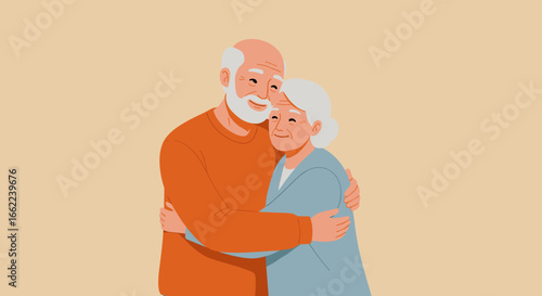 Elderly couple embracing in minimalist style with warm colors