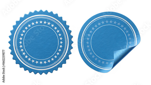Two blue round stickers isolated on transparent background, one with a curled corner, offer a clean and versatile design element for labeling, branding, or promotional purposes