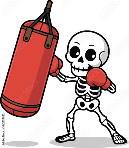 Skeleton boxing with punching bag wearing red gloves cartoon vector illustration