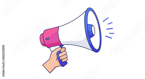 Hand holding megaphone with vibrant colors in cartoon style for announcements and promotions