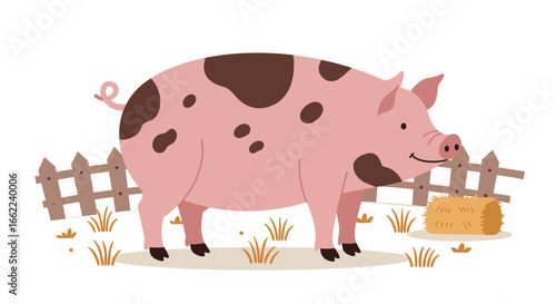 Cartoon pig in farmyard scene with fencing and hay bale