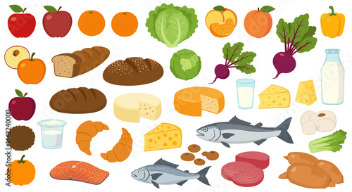 Colorful array of fruits, vegetables, baked goods, and dairy products