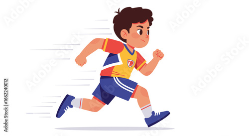 Dynamic cartoon boy running in sports uniform on white background