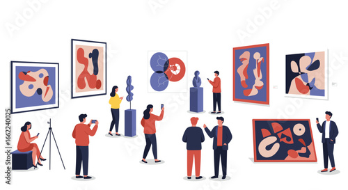 Modern art gallery with visitors engaged in abstract contemporary exhibits