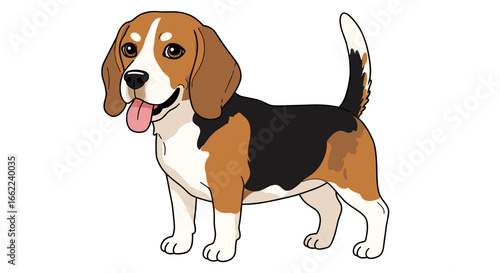 Cute beagle dog with tongue out in cartoon style with white background
