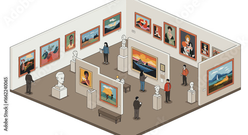 Isometric art gallery with visitors and modern artworks displayed on walls