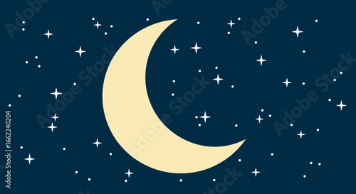 Crescent moon and twinkling stars in a night sky cartoon style