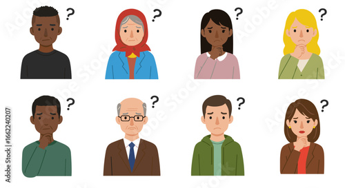 Diverse people thinking with question marks in flat style