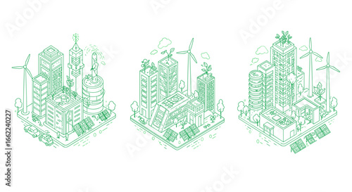 Green urban landscape with renewable energy and eco-friendly buildings in isometric style