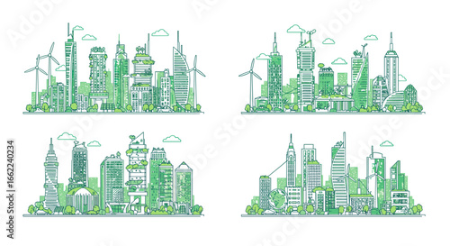 Futuristic green cityscapes with eco-friendly architecture and renewable energy