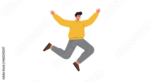 Joyful person jumping with happiness in casual outfit