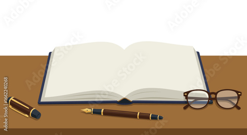 Open book on wooden desk with fountain pen and glasses on white background