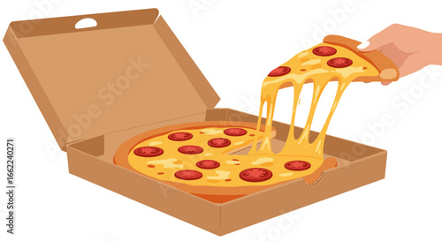 Hand holding slice of cheese pizza with tomato toppings in open cardboard box