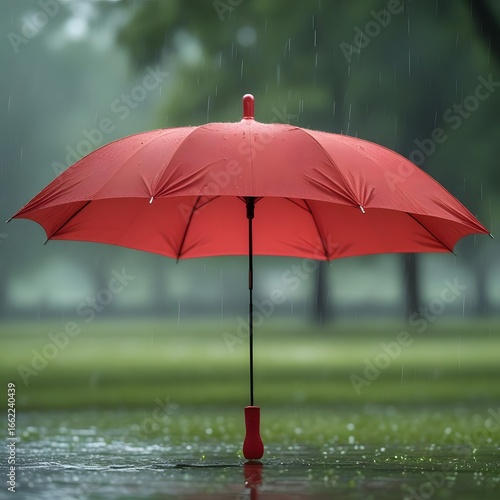 red umbrella, rain, wet grass, overcast sky, puddles, peaceful outdoor scene, umbrella silhouette, natural light, serene landscape

