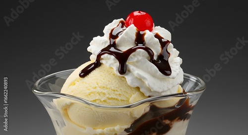Delicious ice cream sundae with whipped cream and a cherry