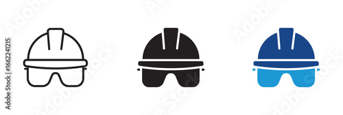 Protection glasses and headset icon set , safety first symbol , worker , builder , helmet , vector design .