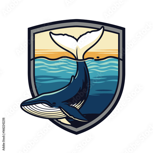 A humpback whale's tail emerges from ocean waves within a stylized shield emblem, sunset backdrop.