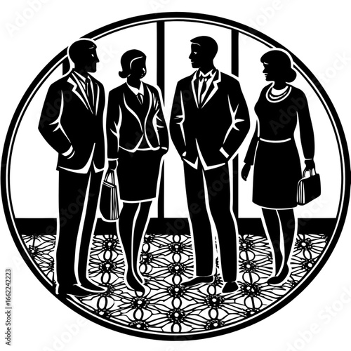 Silhouettes of men and women in vector style, depicting a group of standing business professionals in black on a white background.