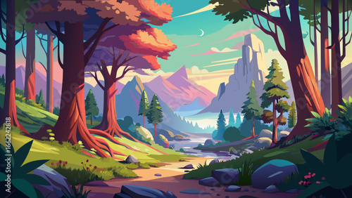 Artistic conception of beautiful landscape painting captures nature of forest, background illustration glowing softly, tender design unfolding gracefully, dreamy vision shimmering, tranquil light whis