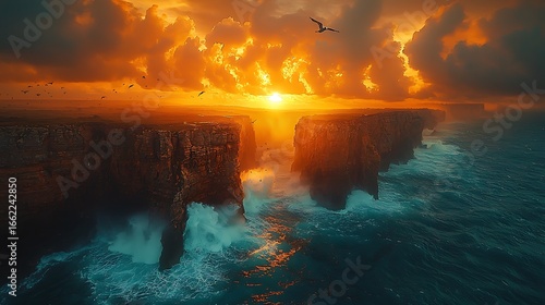 A dramatic coastal cliff side with crashing ocean waves at sunset, golden rays piercing through clouds,  