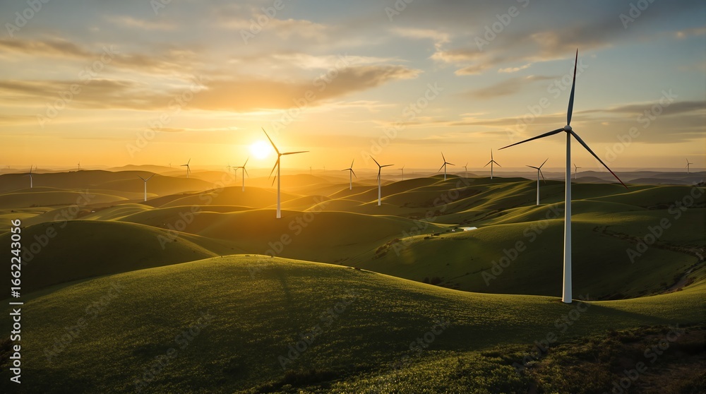 Obraz premium Wind Turbines at Sunset Rolling Hills Landscape Clean Energy Future