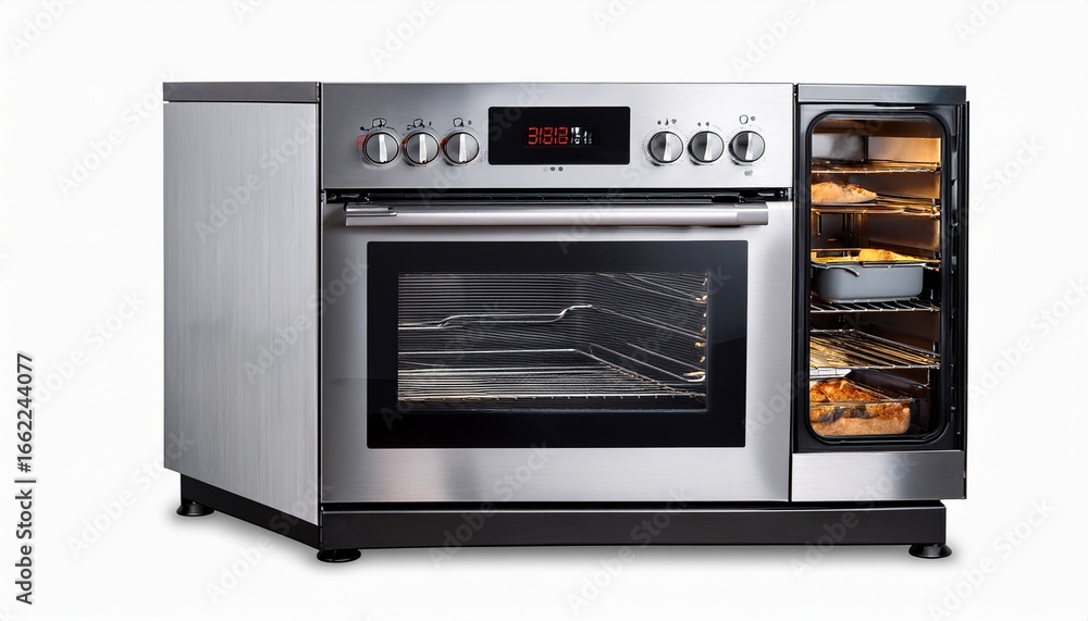 Obraz premium a modern stainless steel oven with multiple controls and a spacious interior ideal for baking and cooking various dishes isolated on transparent or white background