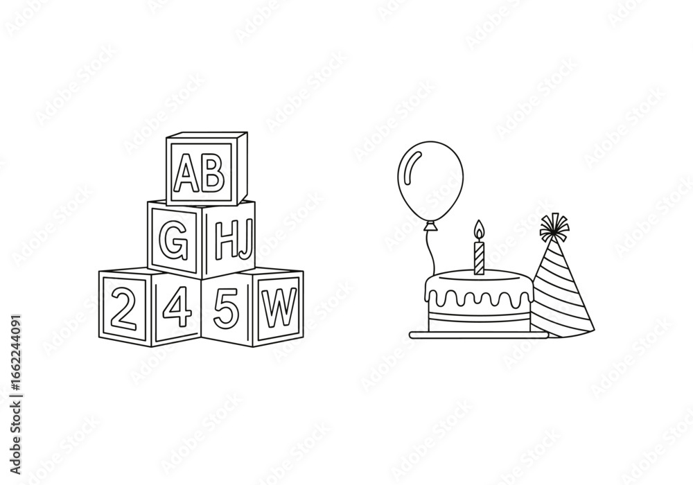 Naklejka premium Outline drawing of stacked blocks with letters and numbers and birthday cake with party hat and balloon
