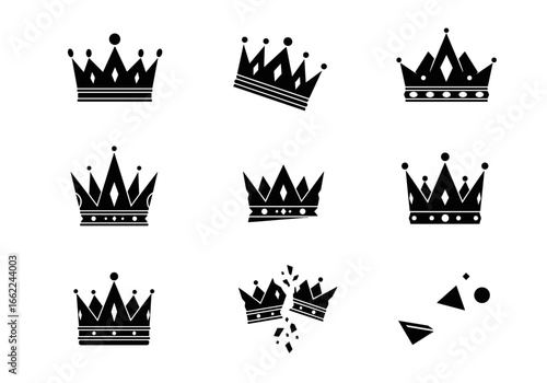 Collection of nine crown illustrations with varying designs and one shattered crown icon set graphic