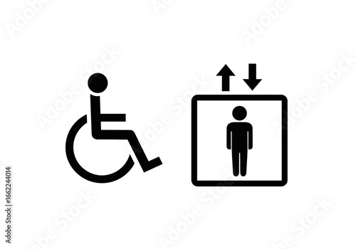 Icons depicting accessibility and elevator access for all individuals in a public space area