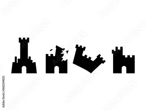 Four castle icons in a row depicting varying states of disrepair and structural integrity isolated graphic