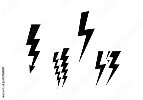 A collection of graphic lightning bolt illustrations in varying shapes and orientations isolated