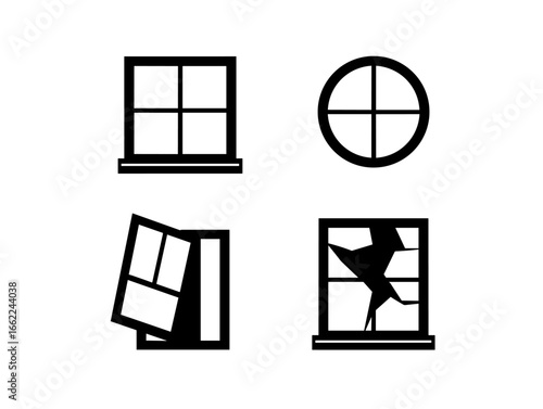 Four window illustrations showcasing different styles and conditions in a graphic representation design