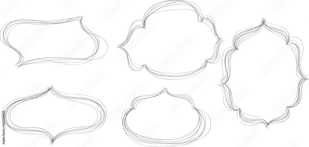 Obraz premium Hand drawn doodle frames. Set of outline banners in pencil style. Complex shape. Oriental windows, mosque dome and lanterns. Deliberately careless asymmetrical contour.