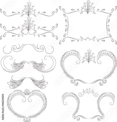 Decorative frames and deviders. Set of elements in baroque or rococo style. Pompous square, hearts and other shapes.