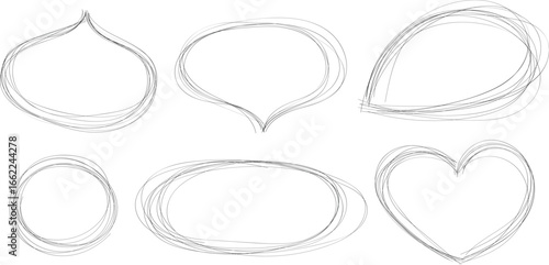 Hand drawn doodle frames. Set of outline banners in pencil style. Circle, oval, heart, drop shape. Deliberately careless contour.