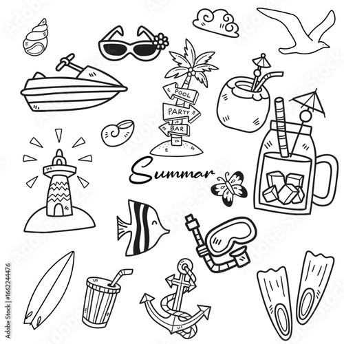 Collection of hand drawn summer beach and vacation icons