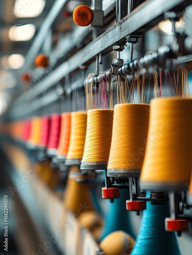 Colorful Threads in a Textile Manufacturing Factory: Closeup of Sewing Spools in a Vibrant Workspace for Technical Precision and Sustainable Design