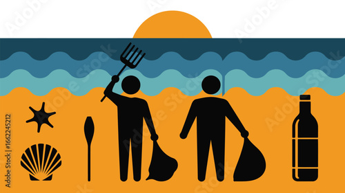 Two people cleaning up trash on a beach with a sun waves starfish shell paddle and a bottle present