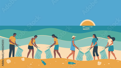 Group of people cleaning up trash on a beach with the ocean and sun in the background illustration