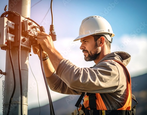 Technician working on outdoor electrical equipment