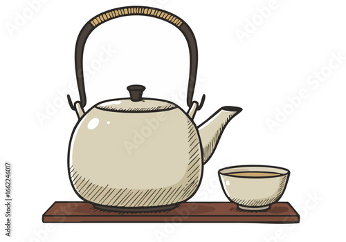 charming  tea ceremony kettle and cup presented on a wooden shelf  Detailed line art evokes a sense of respect and tradition Perfect for lifestyle wellness or cultural themes