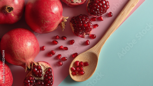 Flat lay composition on color background with ripe pomegranates and wooden spoon.

