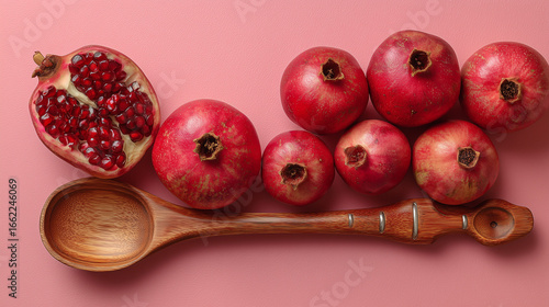 On color background, flat lay composition with wooden spoon and ripe pomegranates.


